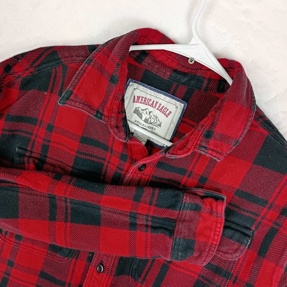 American Eagle Mens Red Black Buffalo Plaid Flannel Button Down Shirt Small‎ S